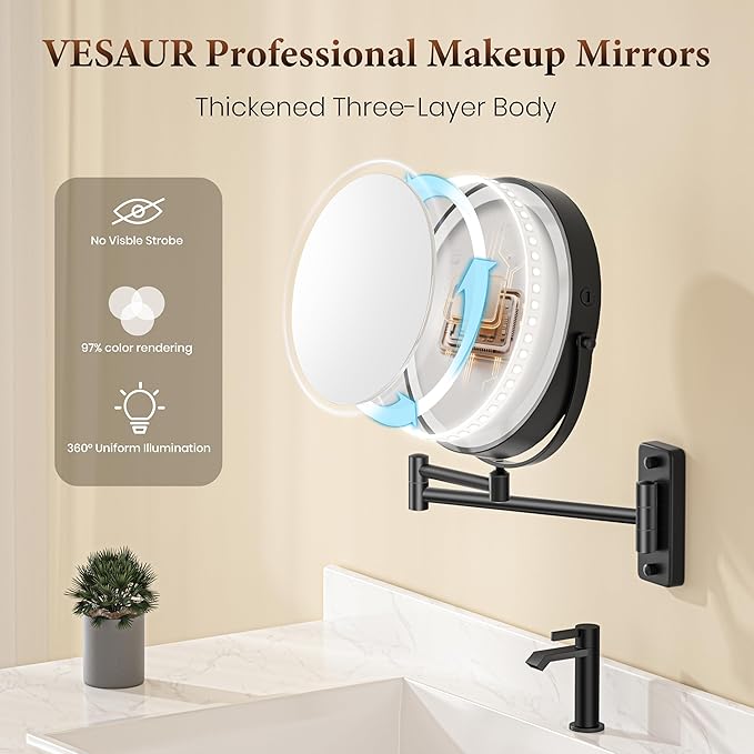 Magnifying Mirror with Lights 1X/20X, 9" Double Sided 5000mAh Rechargeable Wall Mounted Lighted Makeup Mirror, 3 Color LED Lights Dimmable, Wall Mount Mirror 17" arm for Bathroom, Black Brushed Nickel