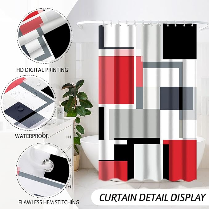 Lnond Red Bathroom Set, 23-Piece Red Black Geometric Bathroom Decor Set with with Shower Curtain and Rugs, Trash Can, Toilet Brush Holder Set & Soap Dispenser