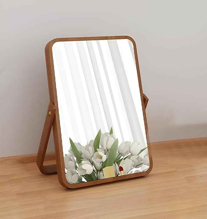 Wooden Desktop Makeup Mirror, Rectangular Tabletop Vanity Mirror with 360° Rotation, Portable High-Definition Single-Sided Cosmetic Mirror for Dressing Table, Bedroom & Bathroom (Walnut Wood)