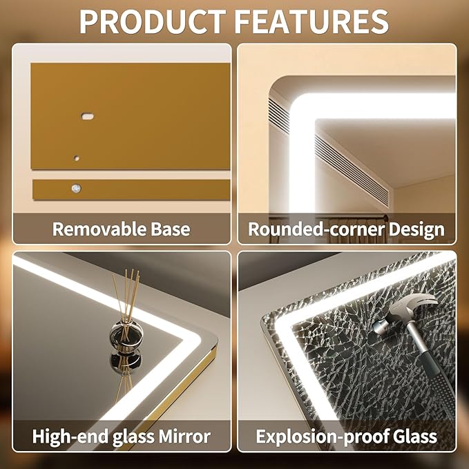ROLOVE Vanity Mirror with Lights, Lighted Vanity Mirror with Dimmable 3 Modes, LED Makeup Mirror, Touch Screen Control, for Makeup Desk, Dressing Room, Gold, 23x19 Inch