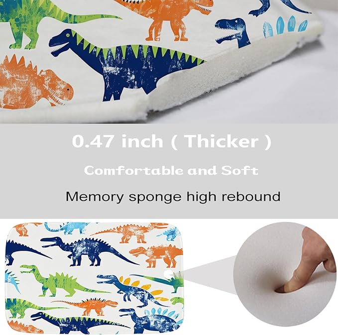 Colorful Cartoon Jurassic Dinosaur Bathroom Rugs Bath Mats Sets 3 Piece, Imitation Cashmere Kids Dino Bath Mat, Memory Foam U-Shaped Contour Shower Mat Non Slip Absorbent, Velvet Washable 20 x 31 inch