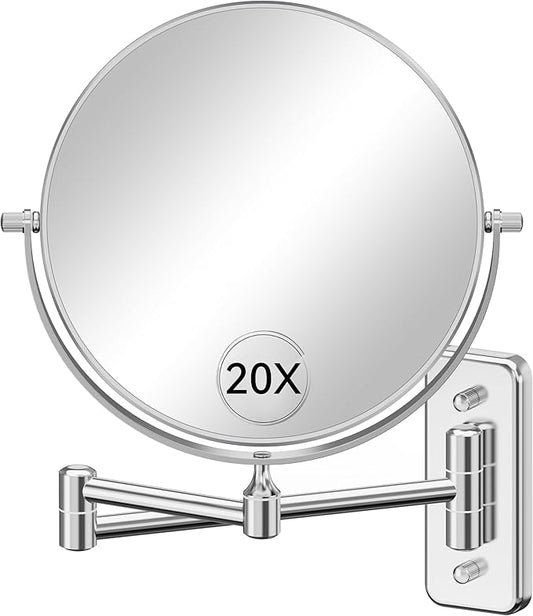 Auxmir 1X/20X Wall Mounted Makeup Mirror, 8'' Double Sided Magnifying Mirror with Tweezers, Bathroom Makeup Mirror, Cosmetic Vanity Mirror with 360 Rotation Extendable Swivel Arm, Chrome
