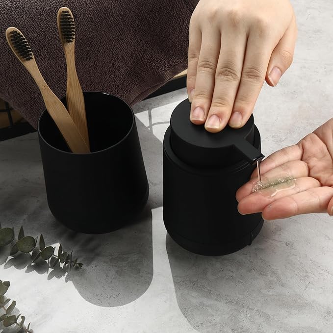 GAHEFY Black Bathroom Countertop Accessories Set - Soap Dispenser and Toothbrush Holder with Silicone Boot,Vanity Tray (Black Liquid)