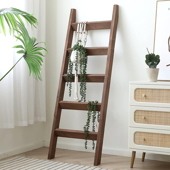 FUIN 5ft (58") Wood Blanket Ladder Living Room Decorative Wall Leaning Farmhouse Quilt Display Holder Storage Rustic Wooden Towel Rack for Bathroom, Brown