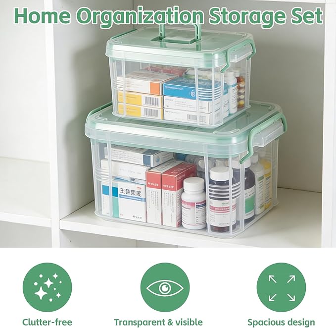 2 Pack Clear Medicine Organizer Box with Handle Thickened Plastic Medicine Cabinet with Tray First Aid Box Empty Multipurpose Medical Container Medication Caddy for Home Travel Dorm