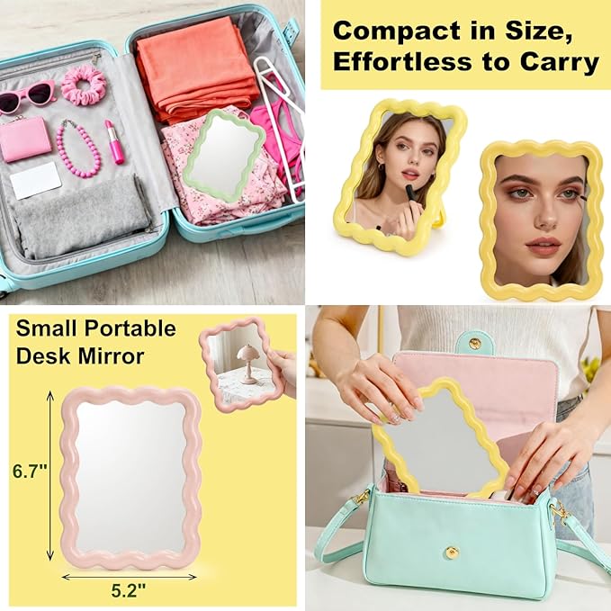 4 Pack Table Vanity Makeup Mirror, Wave Shaped Desk Mirror with Stand, Small Portable Folding Mirrors, Tabletop Adjustable Travel Mirrors, Hanging Bathroom for Shaving, 4 Colors, 6.7" × 5.2"