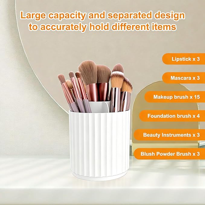 360 Rotating Makeup Brush Holder Organizer, Dustproof Storage Organizer with 5-Slot, Multifunctional Pen Holder for Makeup Brush Mascara or Eyeliner, White-A