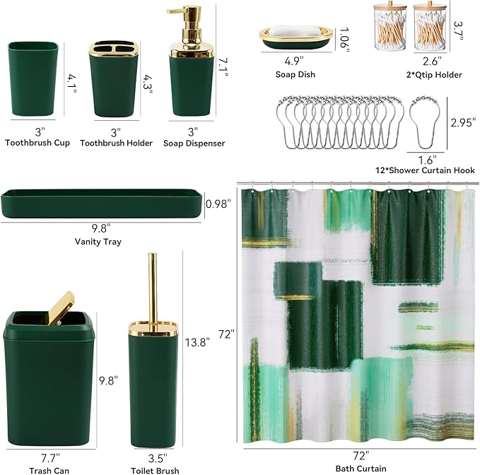 XLHOMO Green and Gold Bathroom Accessories Set, Bathroom Sets with Shower Curtain, Green Bathroom Accessories with Trash Can, Soap Dispenser, Soap Dish, Toilet Brush Holder, Qtip Holders