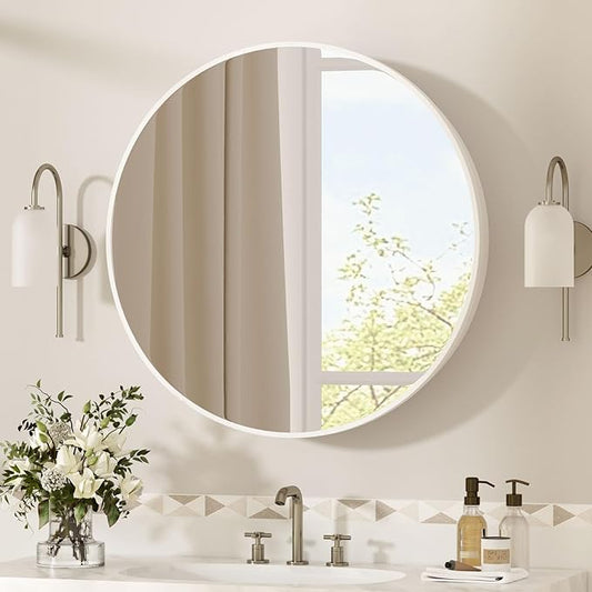 30 x 30 Inch Round White Mirror Medicine Cabinet Surface Mounted, Circular Modern Bathroom Medicine Cabinet with Mirror, Metal Framed Medicine Cabinets with Tempered Glass Mirror