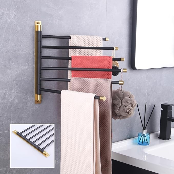 GERZWY Bathroom Swing Arm Towel Bars Wall Mount Bath Towel Rack with 6 Arms Hanger Towel Holder Organizer Stainless Steel (Black & Gold) HYG06-BD