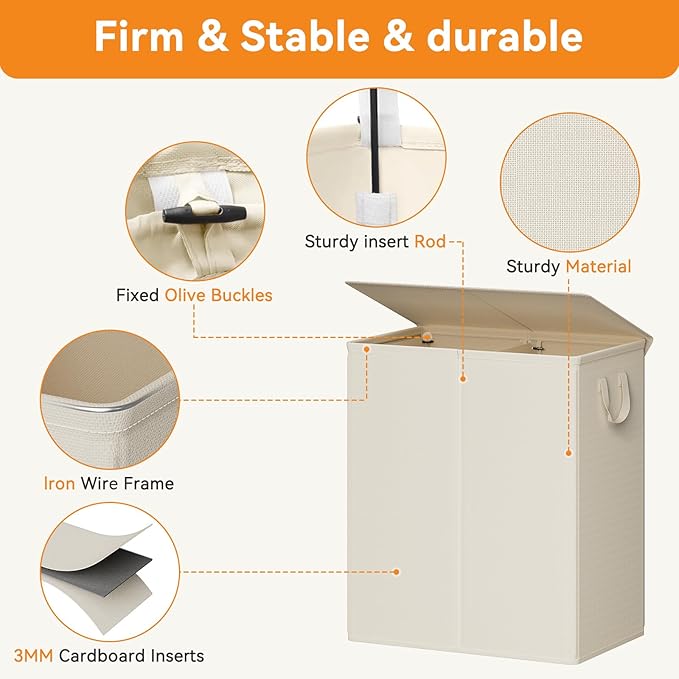 Chrislley 140L Laundry Hamper 2 Section, Double Laundry Basket with Lid, Large Dirty Clothes Hamper with Removable Liner Bags, Collapsible Laundry Organizer for Bedroom, Dorm,Beige
