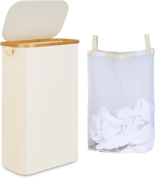 65L Slim Laundry Hamper, Narrow Laundry Basket with Lid,Foldable Clothes Hamper with Bamboo Handles,Hamper Basket with Removable Inner Bag for Laundry Room Bedroom College Dorm,17.17 Gals Beige