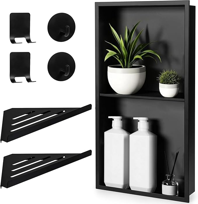 Stainless Steel Shower Niche No Tile Needed 24"x12" Inner Size (25.19"x13.19" Outside Size) Matte Black - Niche for Shower Wall - Bathroom Niches - Includes Corner Shelves Razor Holders and Wall Hooks