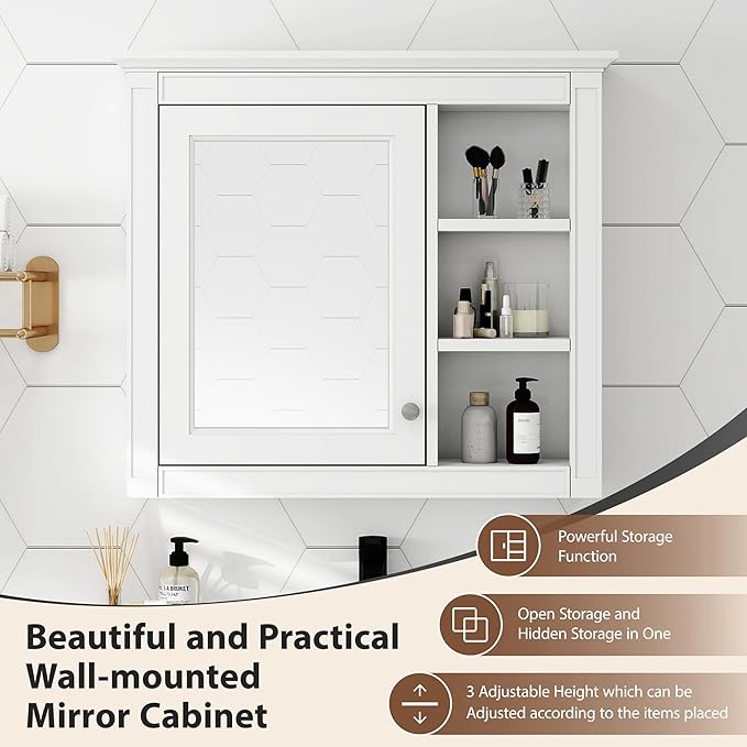 Merax Bathroom Medicine Cabinet with Mirror, 30" x 28" Wall Mounted Medicine Cabinet with Single Door and Shelves, Over The Toilet Mirrored Bathroom Storage Wall Cabinet