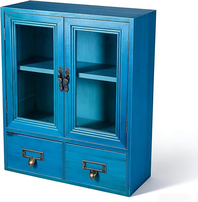 Rustic Vintage Mini Wood Counter Top Cabinet,Display Case with Organic Glass Door,Wall Storage Cabinet, that Sits on Countertop-Floating Shelf Organization12 x4.7"x14"(Blue)