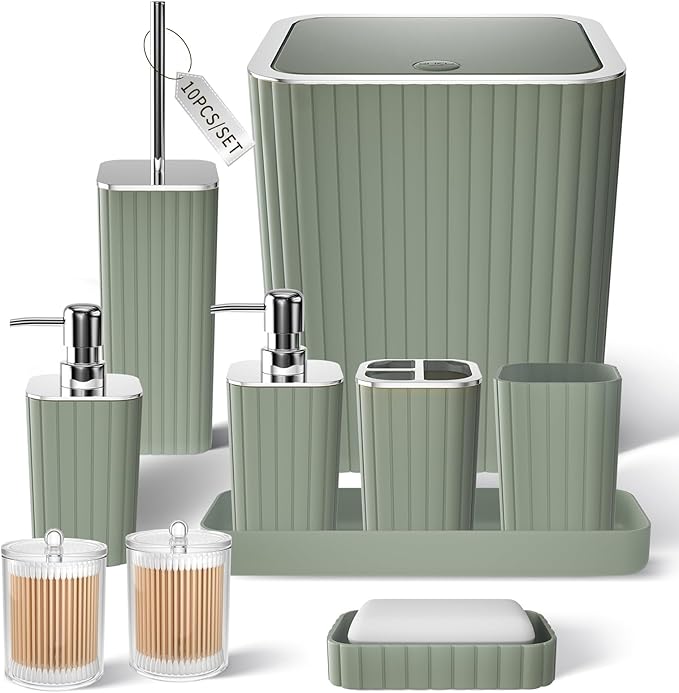 XLHOMO Bathroom Accessories Set - Gorgeous Sage Green Bathroom Set, 10PC Bathroom Accessory Set, Toilet Brush, Trash Can, Qtip Holder Dispenser & Soap Dispenser