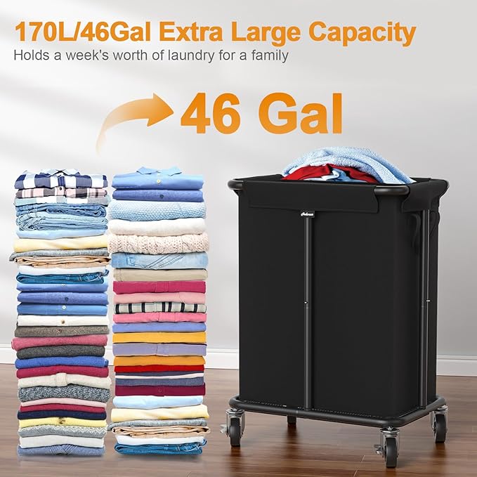 Hodonas Laundry Basket with Wheels, Rolling Laundry Hamper, 46 Gallons (170L), Removable and Machine Washable Liner, Steel Frame, Large Laundry Cart for Laundry Room, Bedroom, Bathroom, Dorm - Black