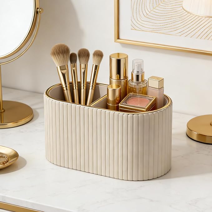 KINGFOM Makeup Brush Holder Organizer with Divider, PU Leather Vanity Brush Holder for Bathroom Countertop & Dressing Table, Cosmetic Desktop Storage Caddy for Makeup Tools Oval (Mocha Beige)