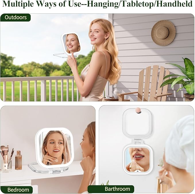 FUNTOUCH 7" Travel Makeup Mirror 30X Magnification,Rechargeable Double Sided Lighted Portable Vanity Mirror with Lights, 3 Color Lights & Adjustable Brightness, 300°Rotation, Gift for Women,White
