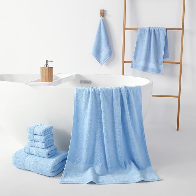 REDKISS 8 Piece Blue Towels Set - 100% Cotton Towels Set with 2 Large Bath Towels, 2 Hand, 4 Washcloths, 600 GSM Highly Absorbent Bath Towel Sets, Blue Quick Dry Shower Towel for Family Dorm Gym