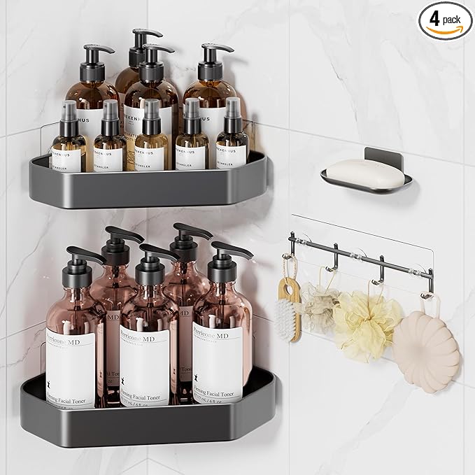 Veken Aluminum Corner Shower Caddy 4-Pack, Never Rust, No Drilling Adhesive Shelves, Stainless Rack with Soap Holder, Large Capacity Bathroom Organizers and Storage, Wall-Mounted Kitchen & Home Decor