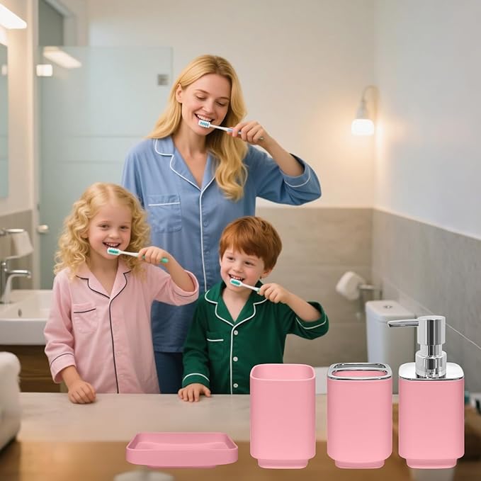 4 Piece Bathroom Accessory Sets, Light Pink Bathroom Accessories Sets Include Toothbrush Holders Set, Soap Dispenser, Soap Dish and Toothbrush Cup, Modern Bathroom Decoration