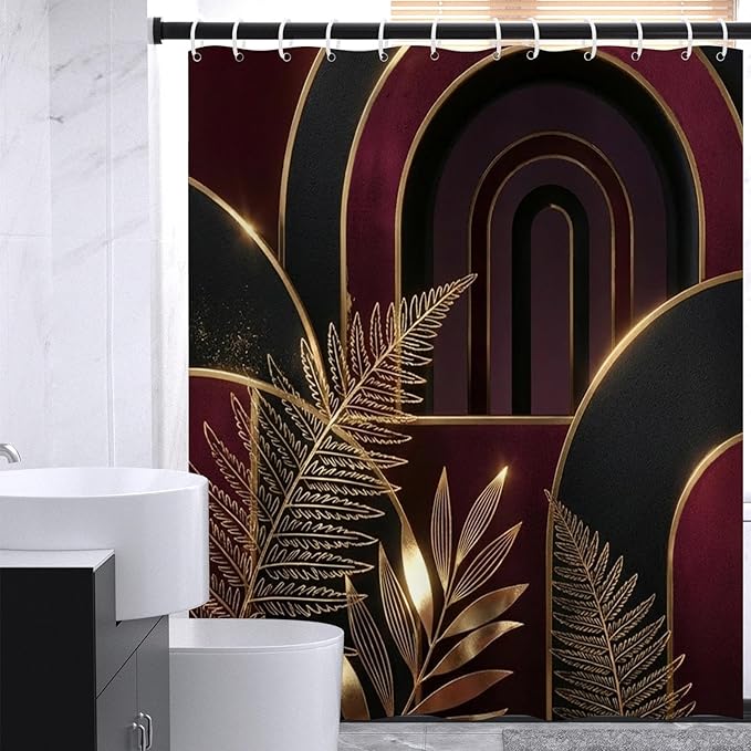 Gold and Burgundy Mid Century Shower Curtains,Dark Red Abstract Boho Shower Curtains,Funny Waterproof Polyester Modern Minimalist Art Hotel Bathroom Decor,72x72 Inches