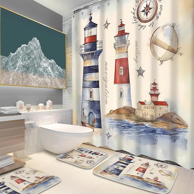 Beach Ocean Modern Bathroom Sets with Coastal Lighthouse Funky Shower Curtain and 20 x 31 Rugs Bathroom Accessories Sets Decor with Bath Rug, Bath Mat, U-Shaped Contour and Hooks 72 x 72 Inch Colorful
