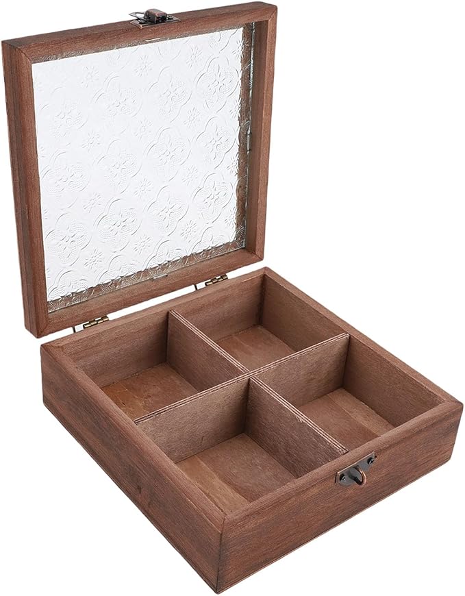 TOPINCN Floral Wooden Jewelry Box, Vintage Makeup Organizer, Trinket Holder Container, Quadrate Small Storage Case with Glass Lid for Cosmetics, Vanity Table, Desk Decorative