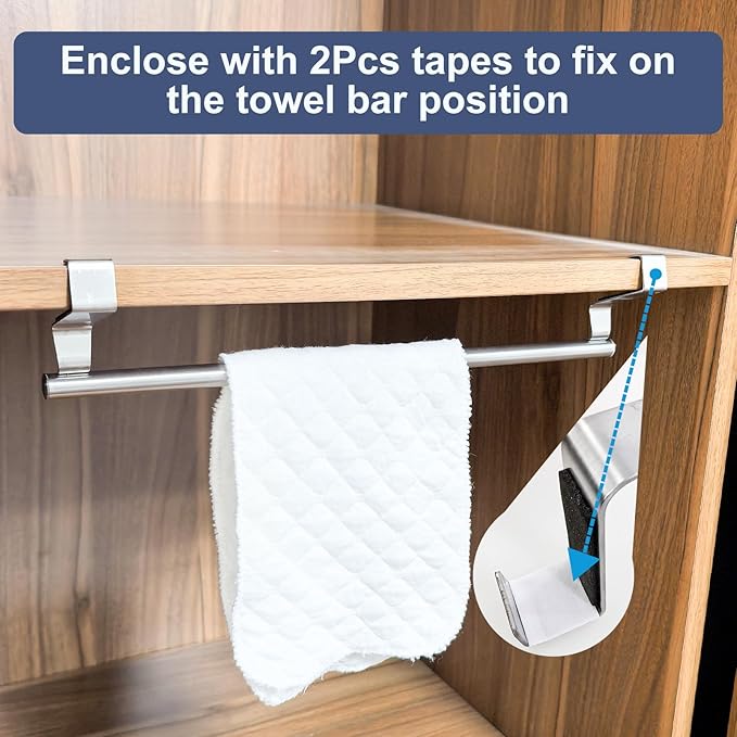 Mziart Over The Door Towel Rack for Bathroom Kitchen, 14 Inch Brushed Stainless Steel Over Cabinet Towel Bar with Hooks, Cupboard Towel Holder, Space-Saving Towel Hanger, Silver