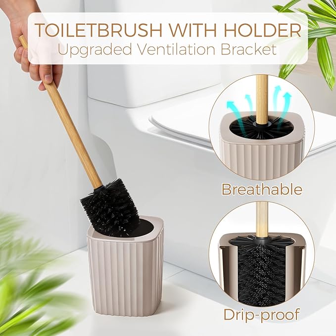 Bathroom Accessories Set - Unbreakable Beige Bathroom Set, Trash Can, Toilet Brush with Holder, Soap Dispenser, Toothbrush and Toothpaste Holder, Tumbler Cup, Soap Dish, Qtip Holder, Bamboo Decor