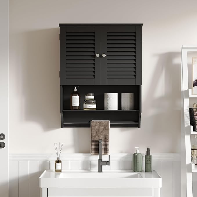 ChooChoo Bathroom Wall Cabinet, Medicine Cabinet, 2 Doors Over The Toilet Space Saver Storage Cabinet with Large Space, Black