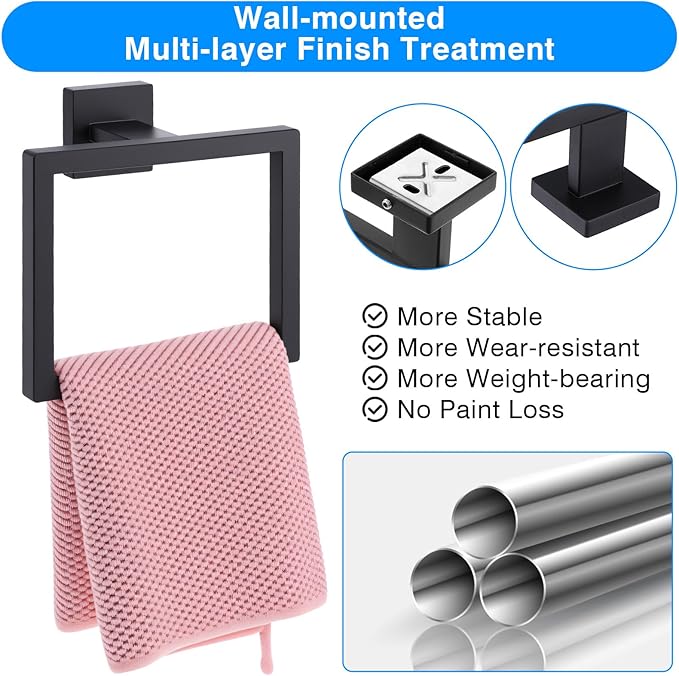 2 Pack Matte Black Towel Ring, Stainless Steel Hand Towel Holder, Modern Square Wall Mounted Bathroom Rack Hangers