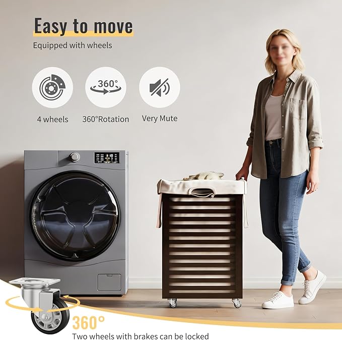 Laundry Hamper with Wheels,Rolling Laundry Basket with Removable Bag,Bamboo Clothes Hampers with Handles for Clothing, Bathroom, Bedroom, Laundry Room (Brown)