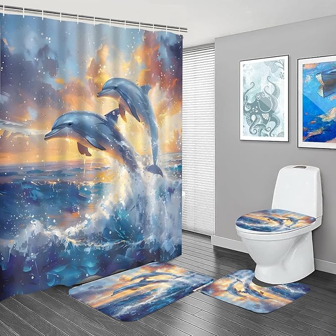 Yizheer 4Pcs Dolphin Shower Curtain Sets,Ocean Scenery Marine Life Sunset Theme Bathroom Curtain with Rugs, Toilet Lid Cover and Bath Mat