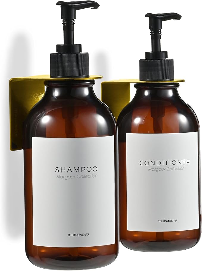 Shampoo and Conditioner Dispenser Wall Mounted Set of 2 Amber Gold - No Drill Shower Soap Dispenser for Bathroom Refillable - Spa Hotel Style Accessories by MaisoNovo