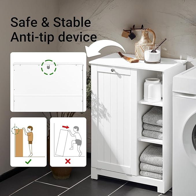 SoBuy Tilt Out Laundry Cabinet, Floor Standing Storage Cupboard with Basket Hamper Unit with Open Compartments, Bathroom White BZR105-W