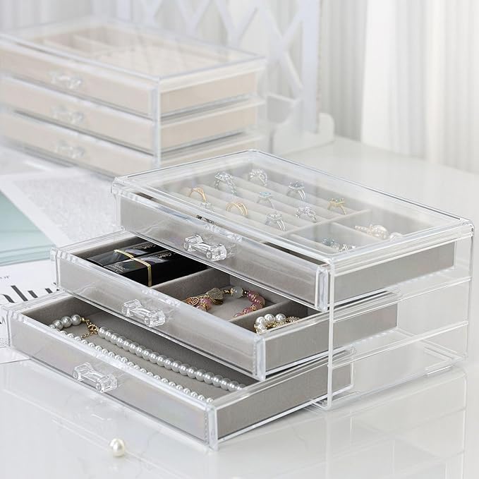 DOZZZ Acrylic Jewelry Organizer Box with 3 Drawers, Clear Earring Storage Display Case Holder with Adjustable Velvet Trays for Rings Necklace Bracelet Women