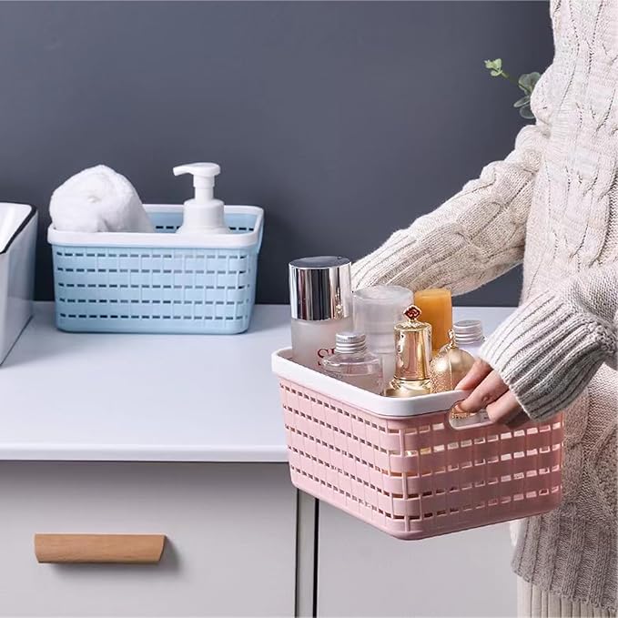 Plastic Storage Bin Baskets, Toilet Paper Basket for Bathroom, Plastic Organizer Shower Caddy with Handles for Living Room (Medium Pink 2 Pack)