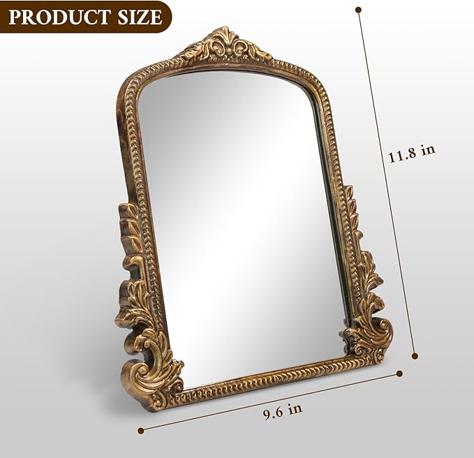 Vintage Gold Makeup Desk Mirror, Antique Traditional Vanity Table Mirror, Small Carved Arched Standing Mirrors, Adjustable Dress-up Mirrors for Tabletop, Standing or Hang, 11.8" L x 9.6" W