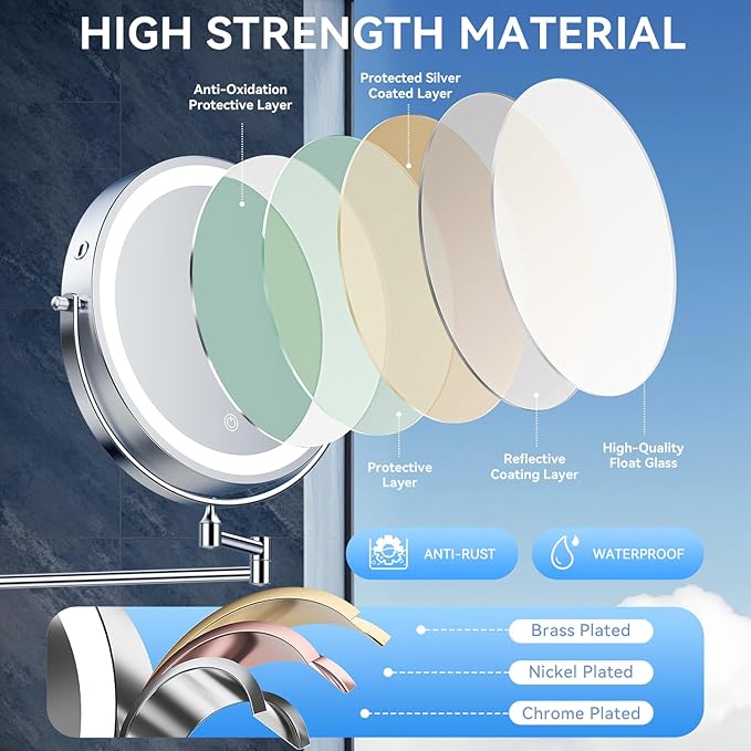 9'' 30X/1X Wall Mounted Lighted Makeup Mirror, 5000mAh Rechargeable Double-Sided Magnifying Mirror with Light, Bathroom Mirror Touch Dimmable 3 Colors 360° Rotation Extended Arm, Power Adapter