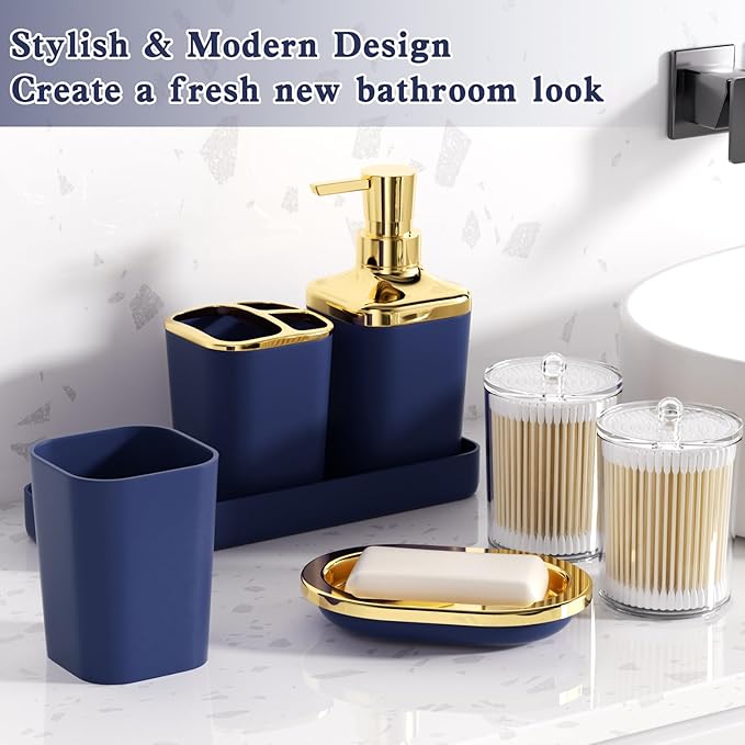 XLHOMO Bathroom Accessories Set - 26PCS Navy Blue Bathroom Set, Bathroom Accessory Set with Shower Curtain and Rugs and Bathtub Mats for Home