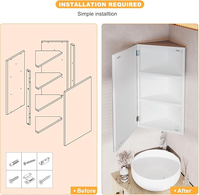 Bathroom Corner Medicine Cabinet with Mirror, Corner Wall Mount Medicine Cabinet with 3 Storage,Small Corner Cabinet for Bathroom, Opens Right to Left, 2 Fixed Shelves,White,24x14