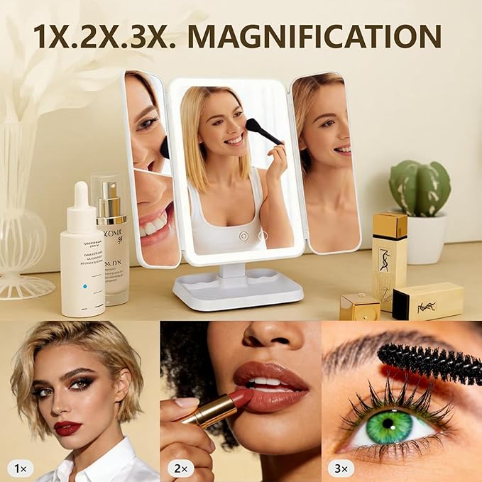 LED Foldable Makeup Mirror with 1x/2x/3x Magnification, 3 Color Lighting Modes, Touch Control Dimmable Vanity Mirror, Rechargeable Cosmetic Mirror for Travel & Home (Small)