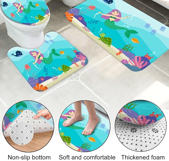 Lnond 4 Pcs Kids Bathroom Shower Curtain Set, Blue Mermaid Bathroom Sets for Kids Bathroom Decoration with Shower Curtain, Non Slip Bathroom Rugs, Toilet Lid Cover, U Toilet Mat and 12 Hooks