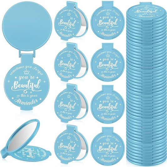 36 Pcs 2.76 Inch Inspirational Compact Mirror Bulk Women Small Gifts Graduation Party Favors Purse Mirror Pocket Mini Stuffer Items for Adult Coworker Cheerleader Employee (Light Blue)