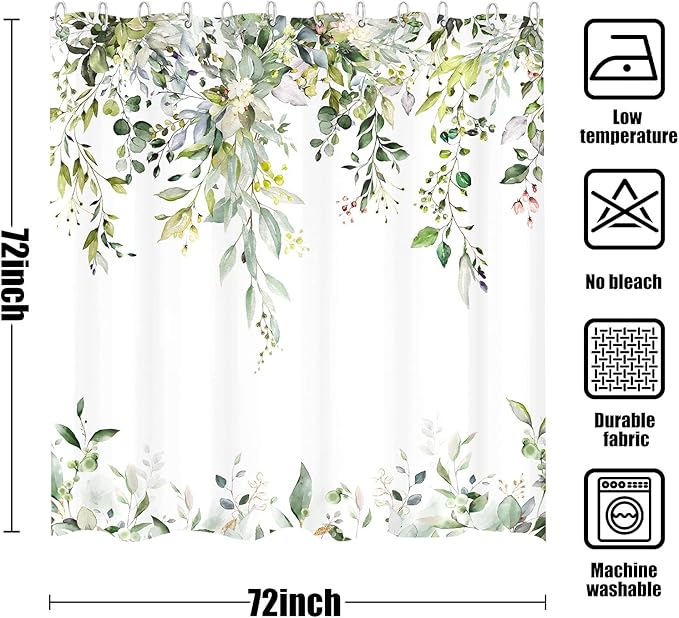 kampdream Eucalyptus Plant Rustic Shower Curtain, Watercolor Leaves On The Top Country Farm House Shower Curtain, Spring Botanical Bathroom Curtain 72 ×72 Inch