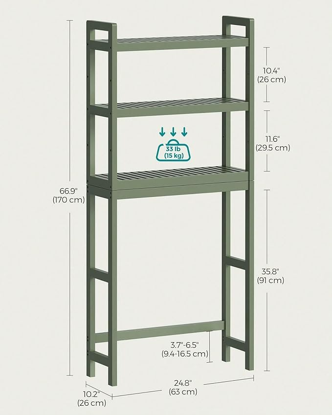 Over the Toilet Storage, 3-Tier Bamboo Bathroom Organizer with Adjustable Shelf, Space-Saving Rack, 66.9" Tall (Green)