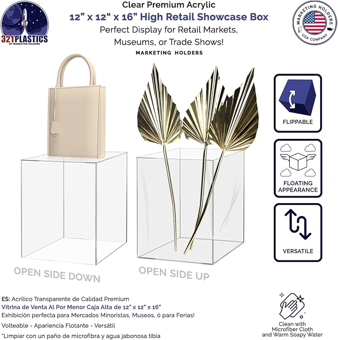 Acrylic Display Riser Box 12" x 12" x 16" Clear Throne with One Open Side No Lid Versatile Tall Lucite Retail Product Riser Storage Bin or Wedding Floral Centerpiece Pedestal by Marketing Holders