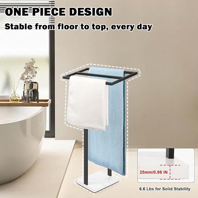 Livabber Standing Towel Rack, 304 Stainless Steel 2 Tier Towel Holder Stand with Heavy Marble Base, Stylish Floor Towels Bar for Bathroom Accessories, Laundry Room, Pool (Black)